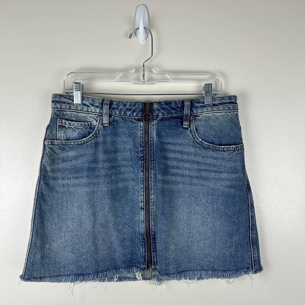 We The Free People Jean Mini Skirt Women 31 Front Zip Up Denim Frayed Hem Pocket